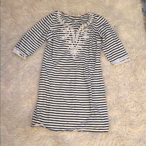 Boden Black and White Striped Embroidered Dress